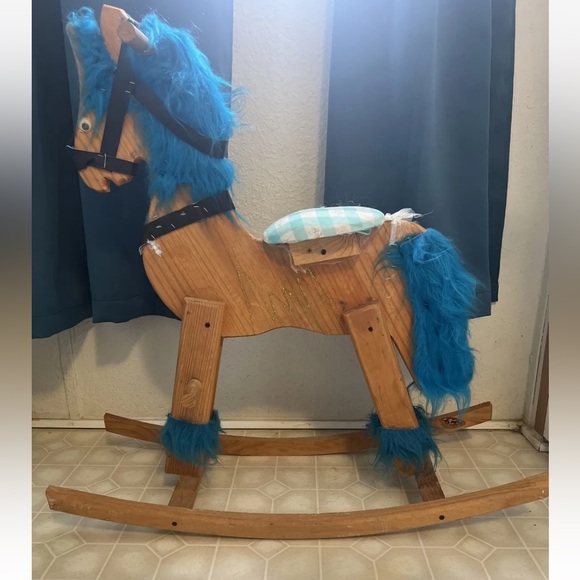 LARGE WOODEN ROCKING HORSE Handmade Toddler Toy Amish Furniture Blue - Picture 1 of 5